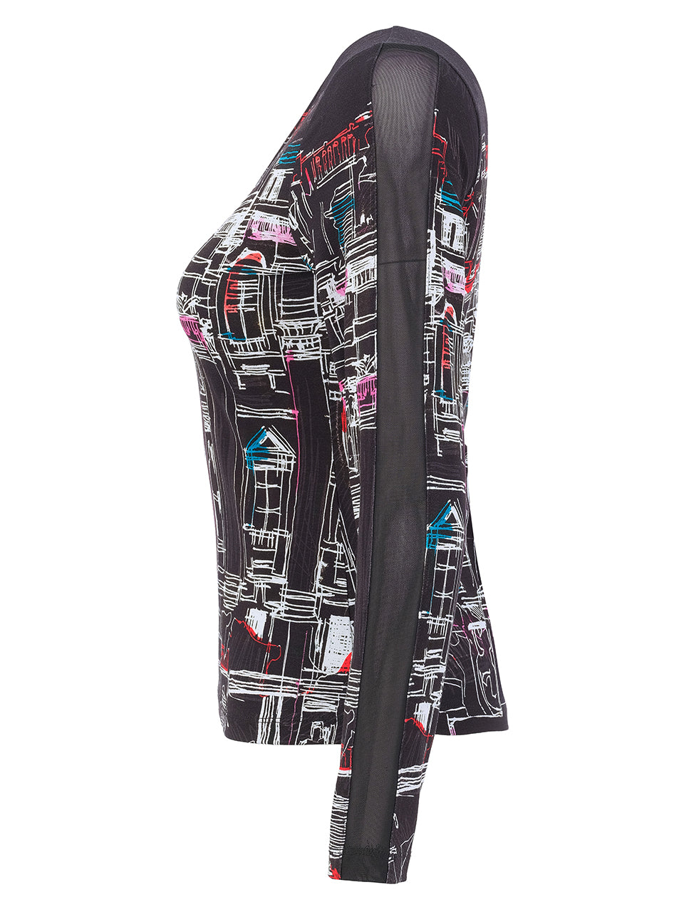 "Trevi" Art Top with Mesh Sleeve Detail