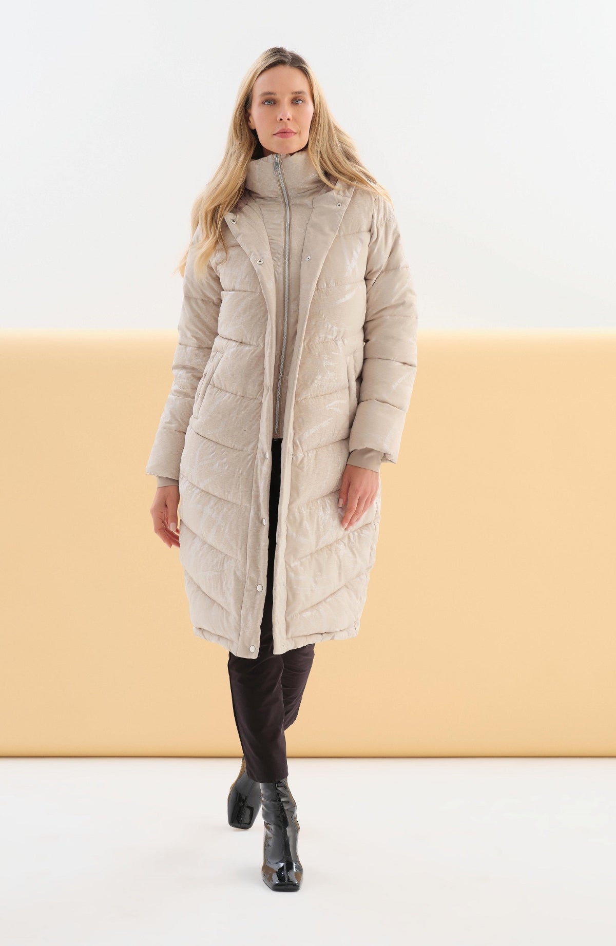 Shimmer-Finish Hooded Longline Puffer Coat