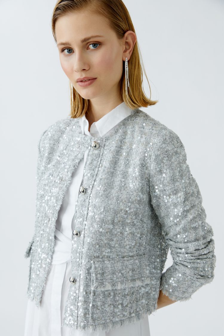 Oui Jacket Silver Sequin Boucle Button Front 92065 
