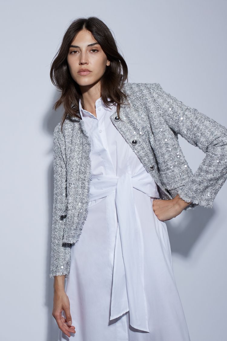 Oui Jacket Silver Sequin Boucle Button Front 92065 