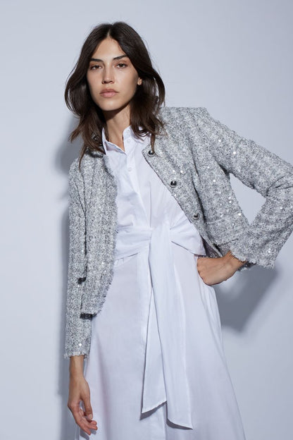 Oui Jacket Silver Sequin Boucle Button Front 92065 