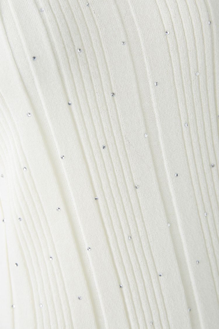 Oui Ivory Ribbed Knit Top with Glitter Stone Detailing