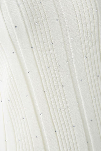 Oui Ivory Ribbed Knit Top with Glitter Stone Detailing