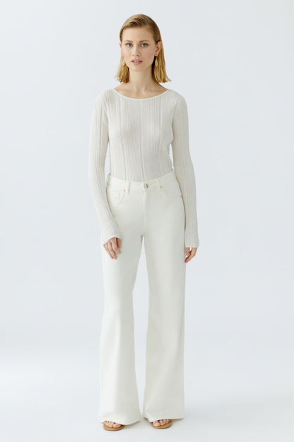 Oui Ivory Ribbed Knit Top with Glitter Stone Detailing