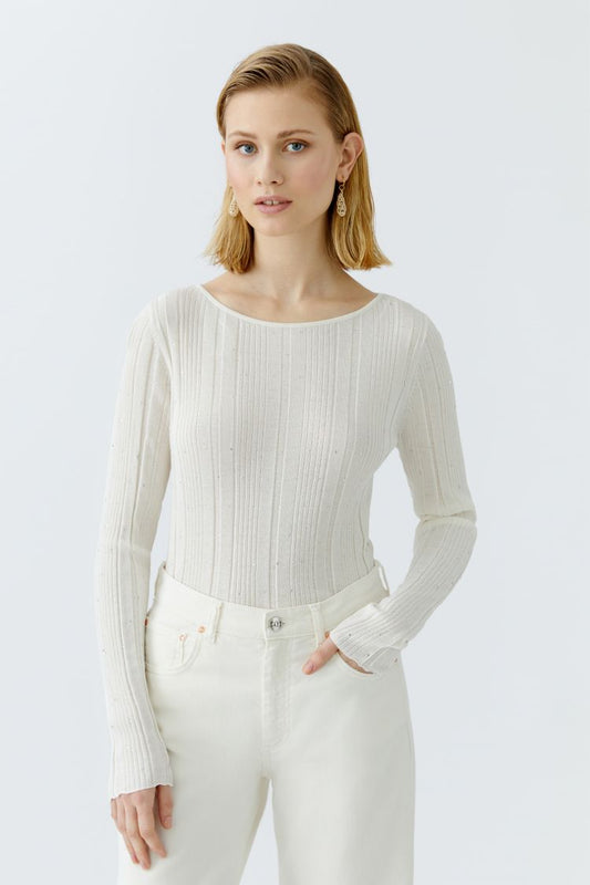 Oui Ivory Ribbed Knit Top with Glitter Stone Detailing