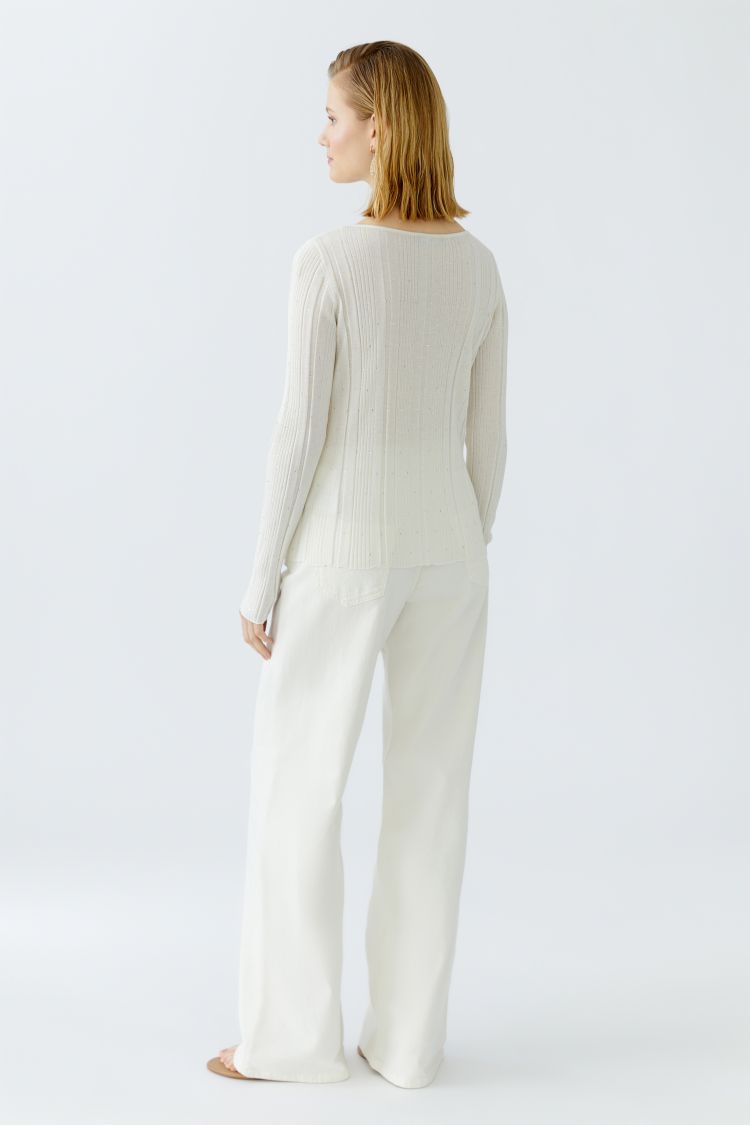 Oui Ivory Ribbed Knit Top with Glitter Stone Detailing