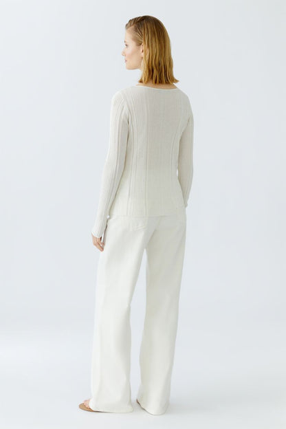 Oui Ivory Ribbed Knit Top with Glitter Stone Detailing