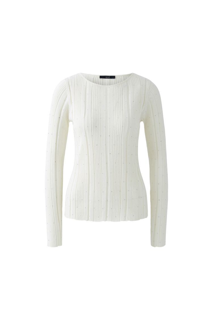 Oui Ivory Ribbed Knit Top with Glitter Stone Detailing