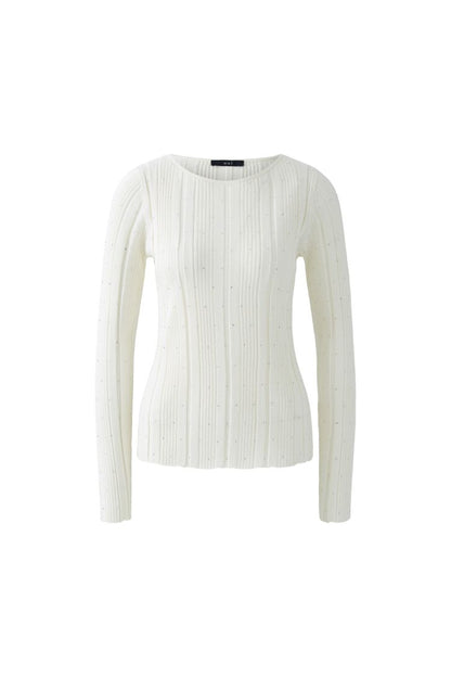 Oui Ivory Ribbed Knit Top with Glitter Stone Detailing