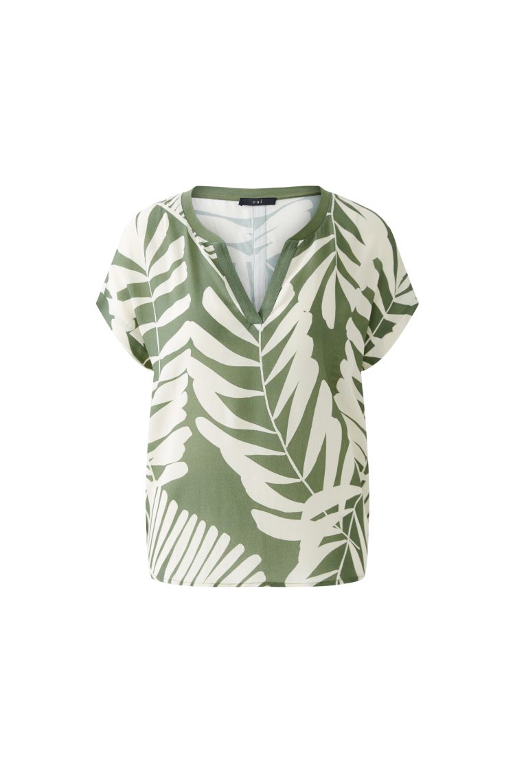 Khaki Leaf Print Top with Stripe Jersey Back 92987
