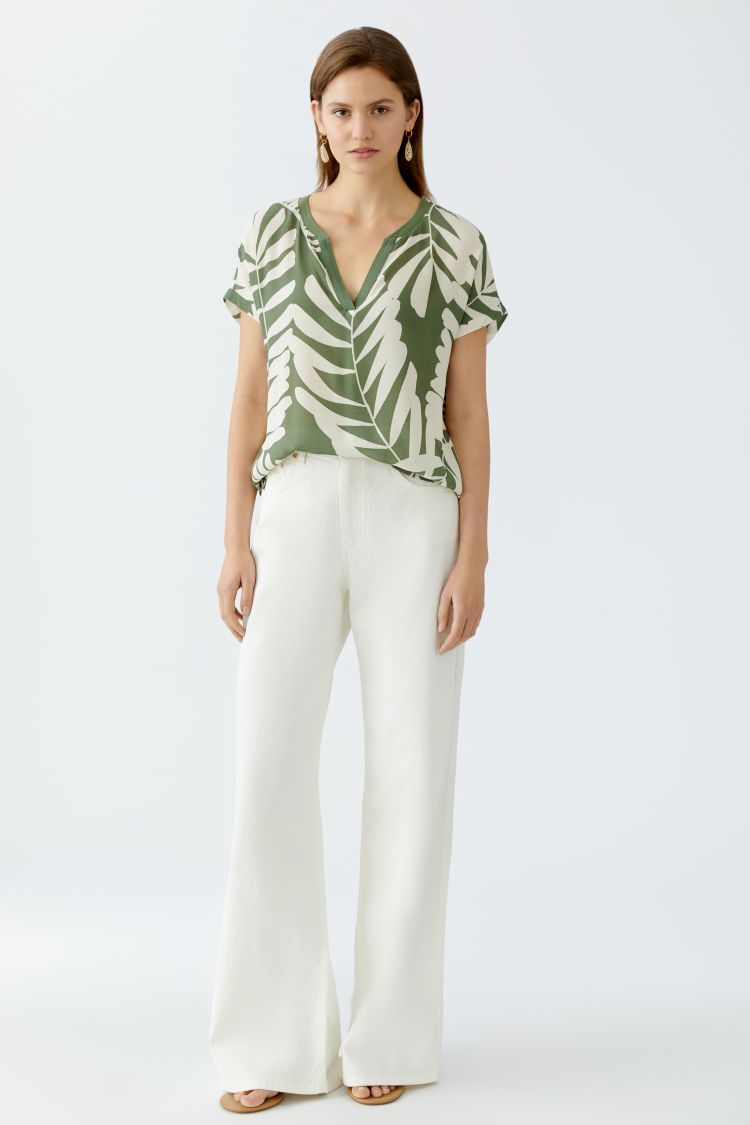 Khaki Leaf Print Top with Stripe Jersey Back 92987
