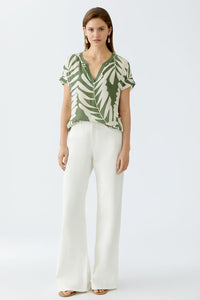 Khaki Leaf Print Top with Stripe Jersey Back 92987
