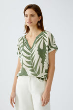 Load image into Gallery viewer, Khaki Leaf Print Top with Stripe Jersey Back 92987

