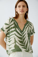 Load image into Gallery viewer, Khaki Leaf Print Top with Stripe Jersey Back 92987
