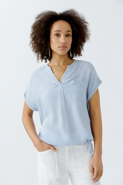 Oui V-Neck Cap Sleeve Blouse with drawstring 92989