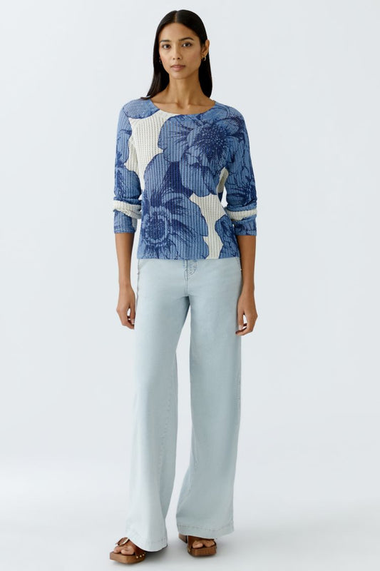 Blue Floral Ribbed Cotton Jumper