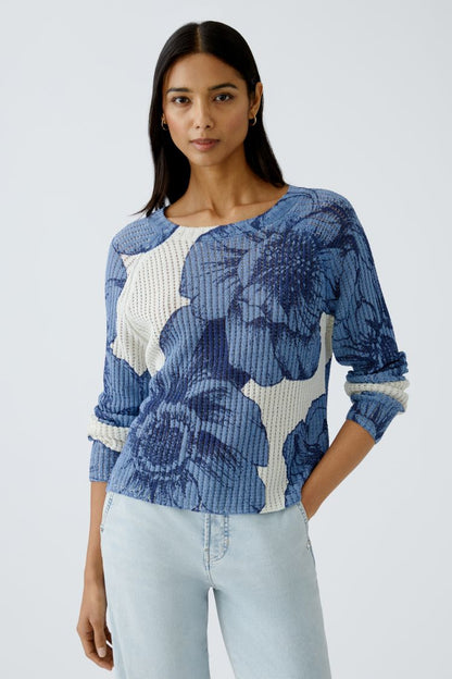 Blue Floral Ribbed Cotton Jumper