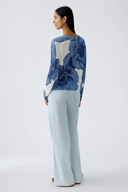 Blue Floral Ribbed Cotton Jumper