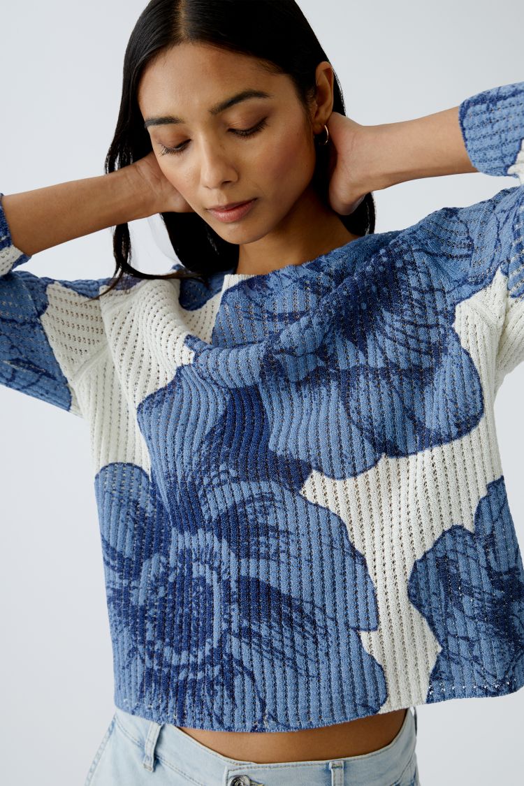 Blue Floral Ribbed Cotton Jumper