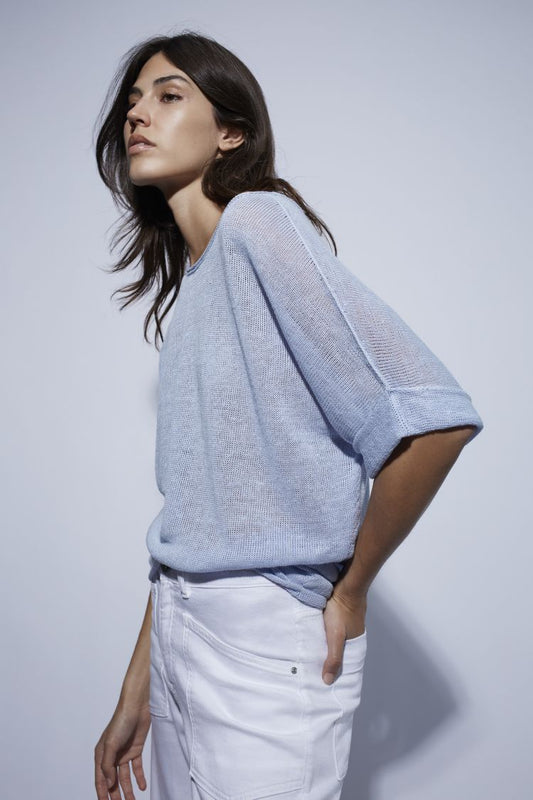 Oui Light Blue Knitted Linen Top 93309