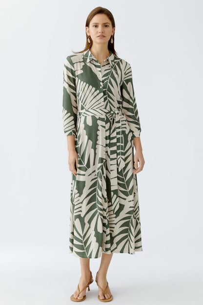 Oui Khaki Leaf Print Shirt Dress 93501