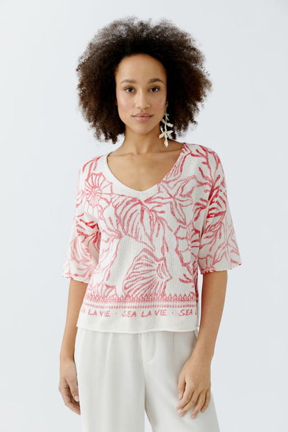 Oui Coastal Print Cotton Knit Top