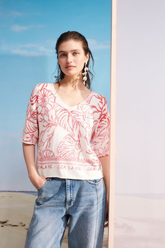 Oui Coastal Print Cotton Knit Top