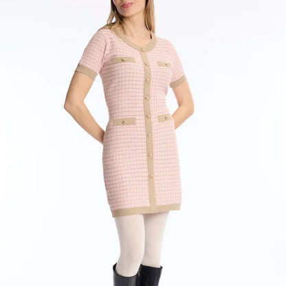 Pink & Beige Knit Gold Button Dress - Lucindas on-line
