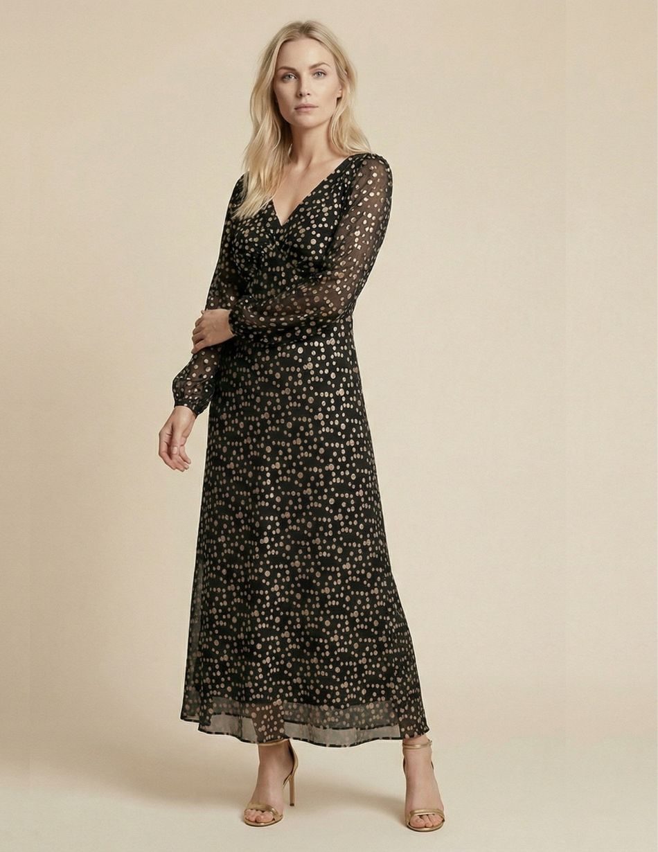 Black/Gold Metallic Spot Maxi Dress