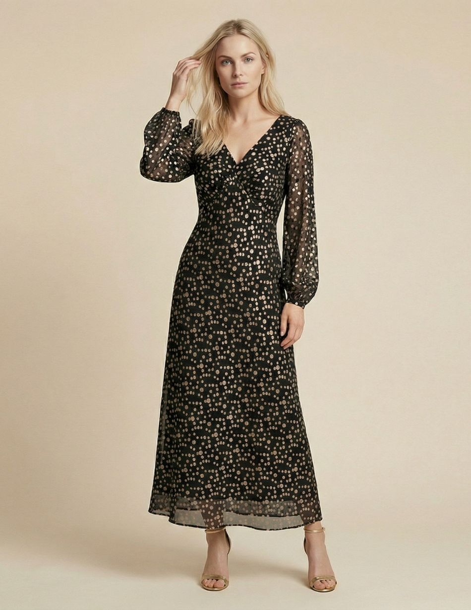 Black/Gold Metallic Spot Maxi Dress