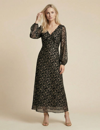 Black/Gold Metallic Spot Maxi Dress