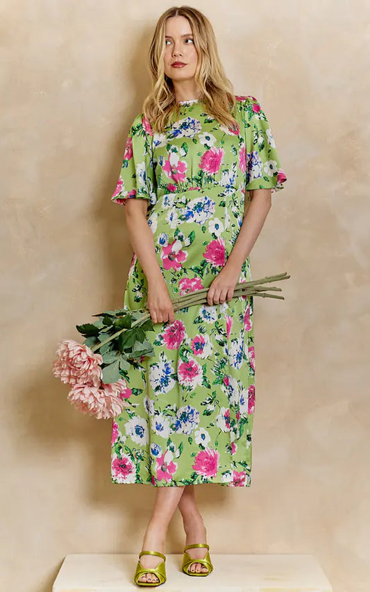 Midi Dress With Side Slit In Green Floral Print