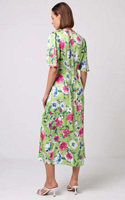 Midi Dress With Side Slit In Green Floral Print