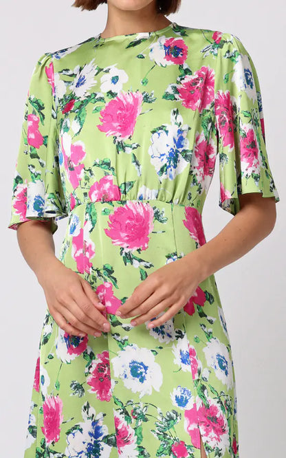 Midi Dress With Side Slit In Green Floral Print