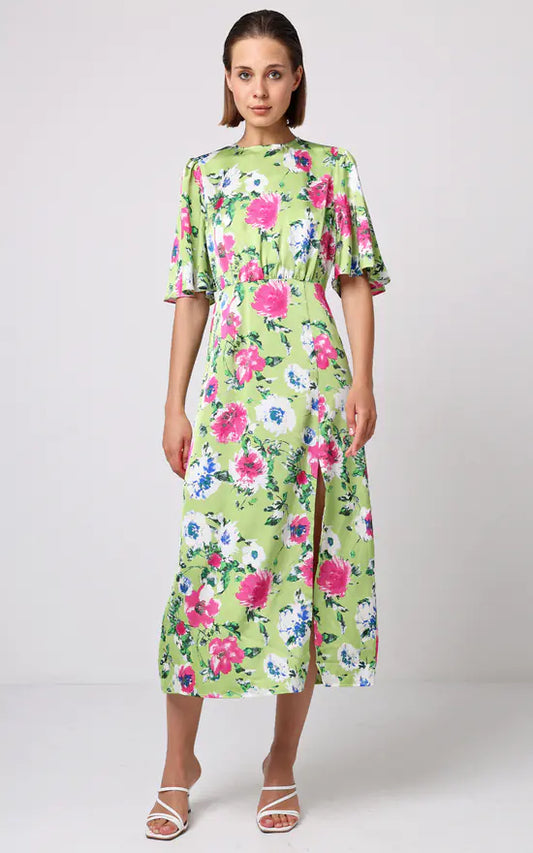 Midi Dress With Side Slit In Green Floral Print