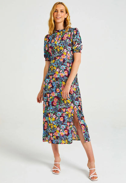 Floral Midi Dress with short sleeves and slit