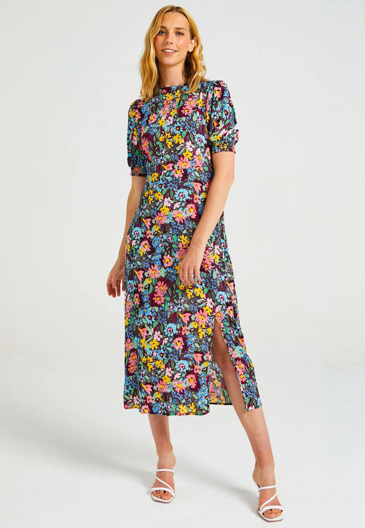 Floral Midi Dress with short sleeves and slit