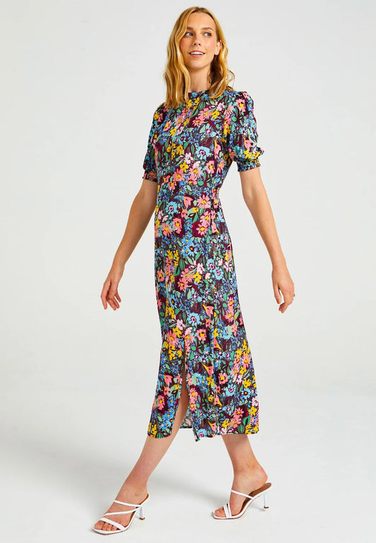 Floral Midi Dress with short sleeves and slit