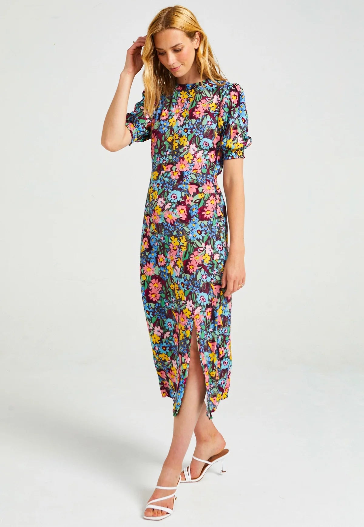 Floral Midi Dress with short sleeves and slit
