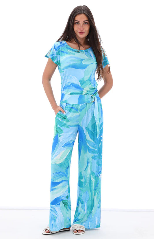 K-design Aqua/Green Tropical Floral Wide Leg Jumpsuit
