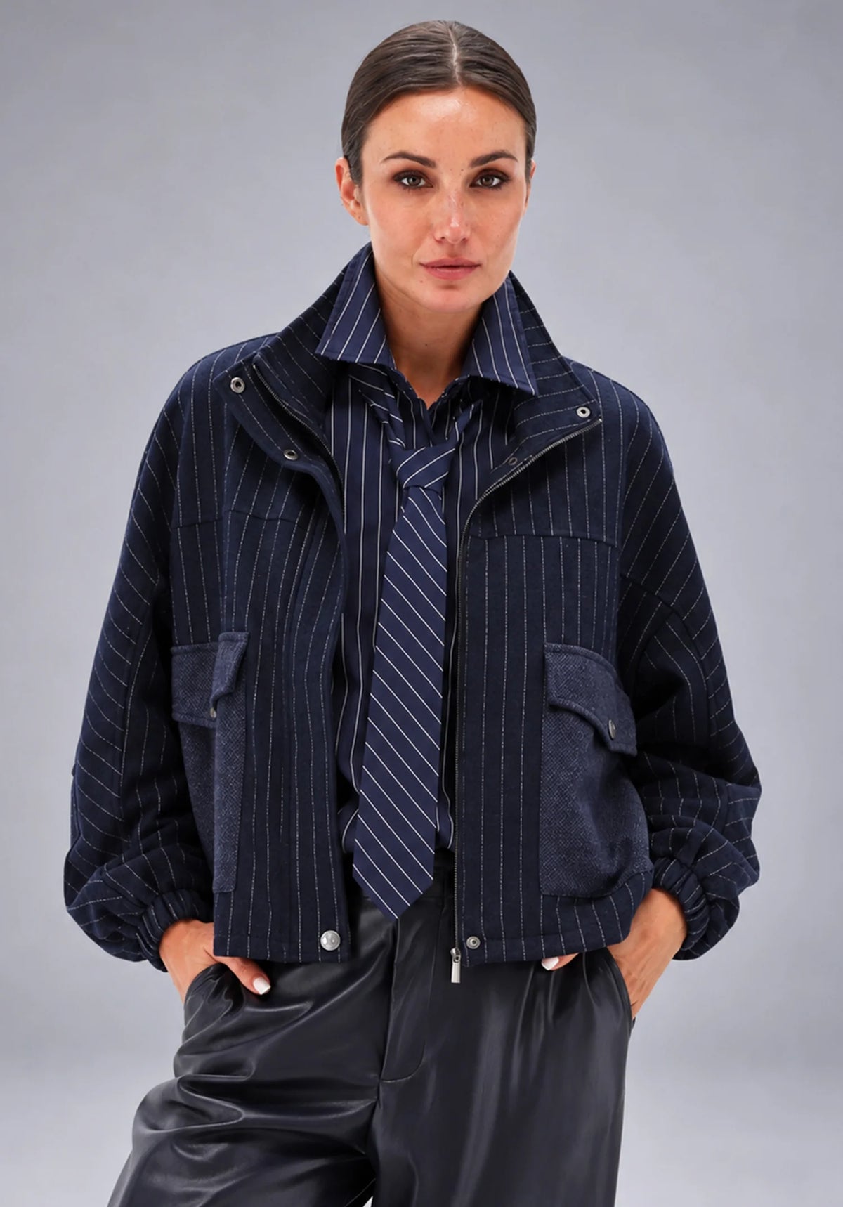 Navy Pinstripe Utility Jacket