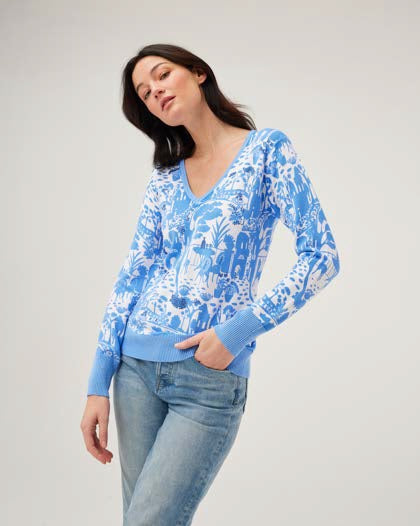 Light Blue V Neck Printed Jumper DW216