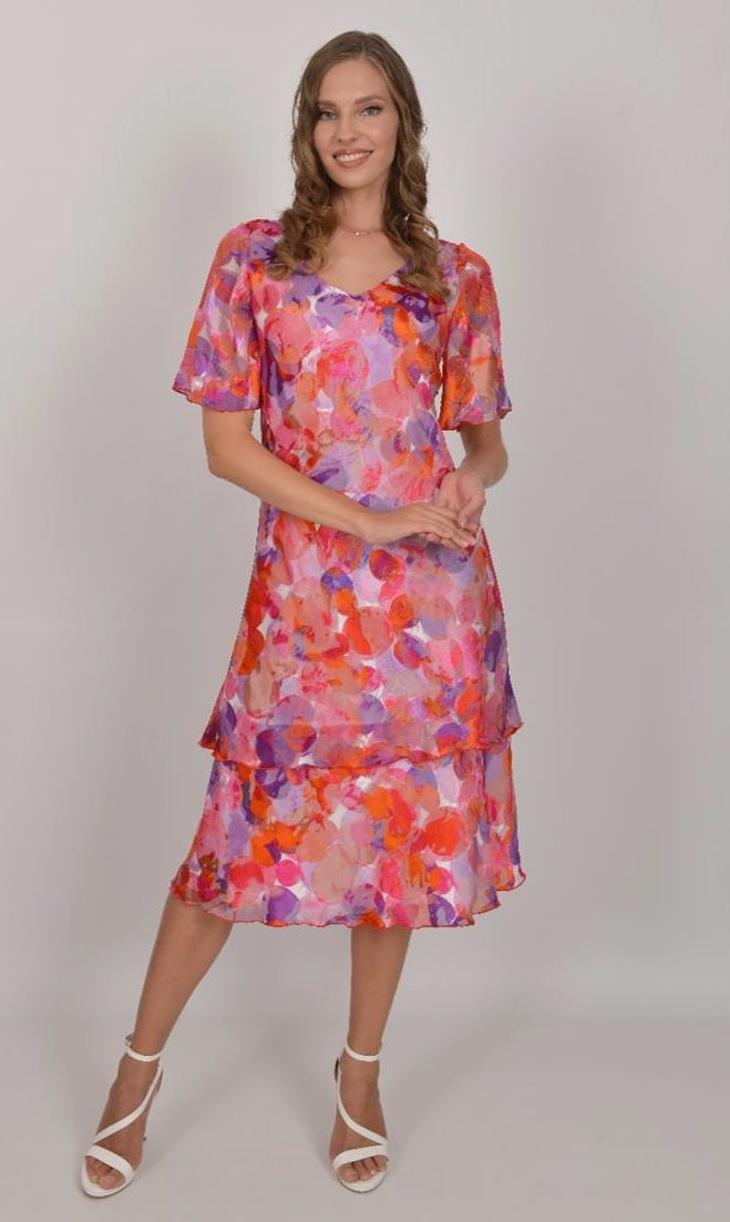 Orange/Purple Pure Silk Tiered Dress 4942