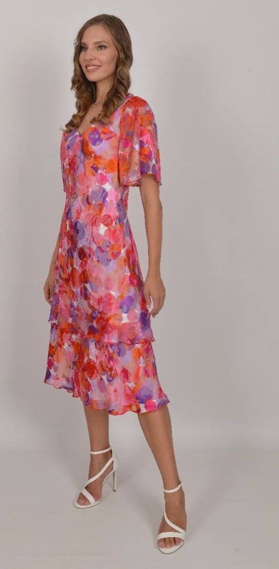 Orange/Pink Tiered Pure Silk Dress 4942