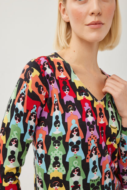 Retro Fashion Print Jumper with Diamanté DW114