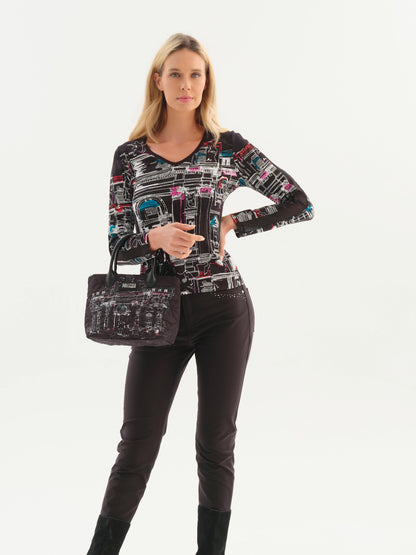 "Trevi" Art Top with Mesh Sleeve Detail