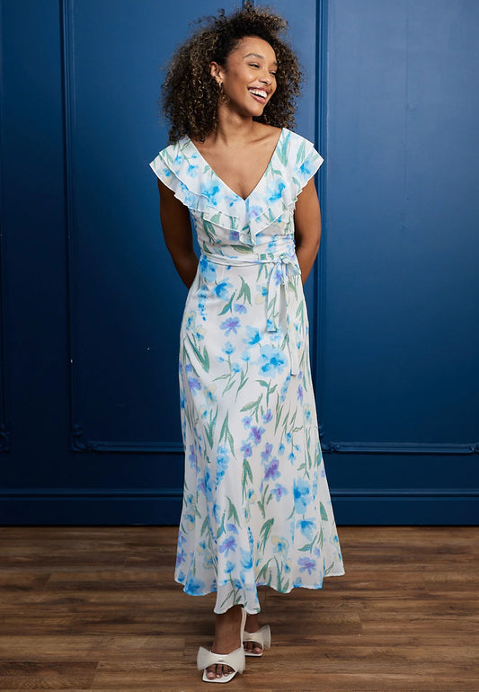 Flutter Sleeve Maxi Dress in White Blue Floral