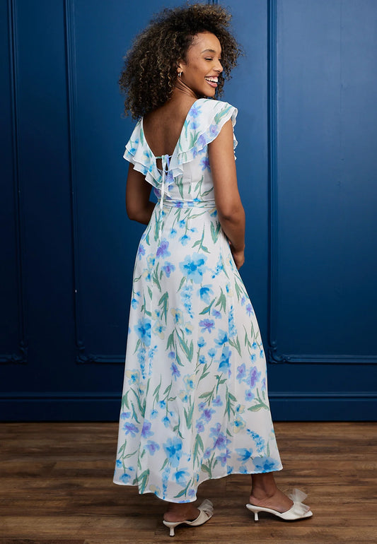 Flutter Sleeve Maxi Dress in White Blue Floral