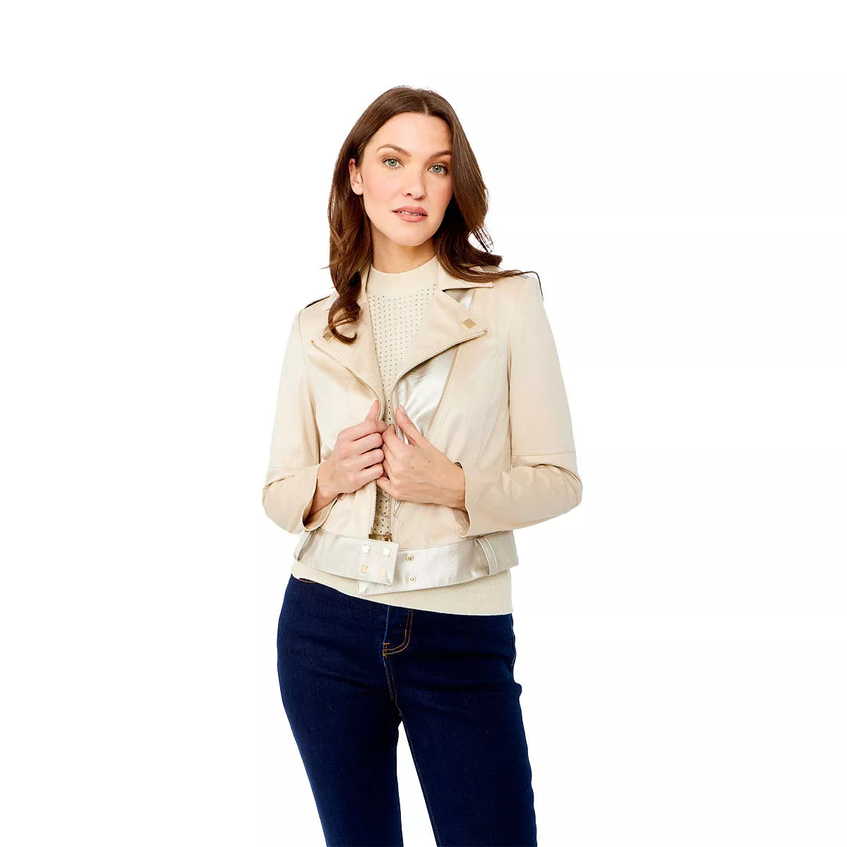 Frank Lyman Beige Faux Suede Moto Jacket 243502