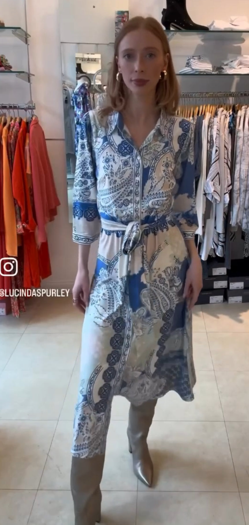 Blue Paisley Printed Midi Dress with Belt Y254
